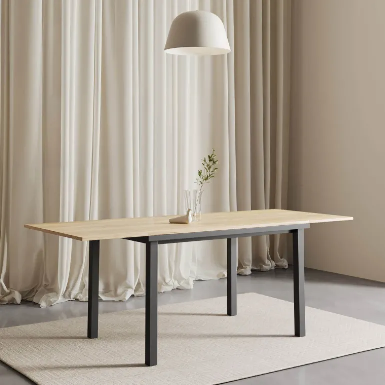 Valentina Table de cuisine extensible en mélaminé chêne naturel avec pieds en métal noir